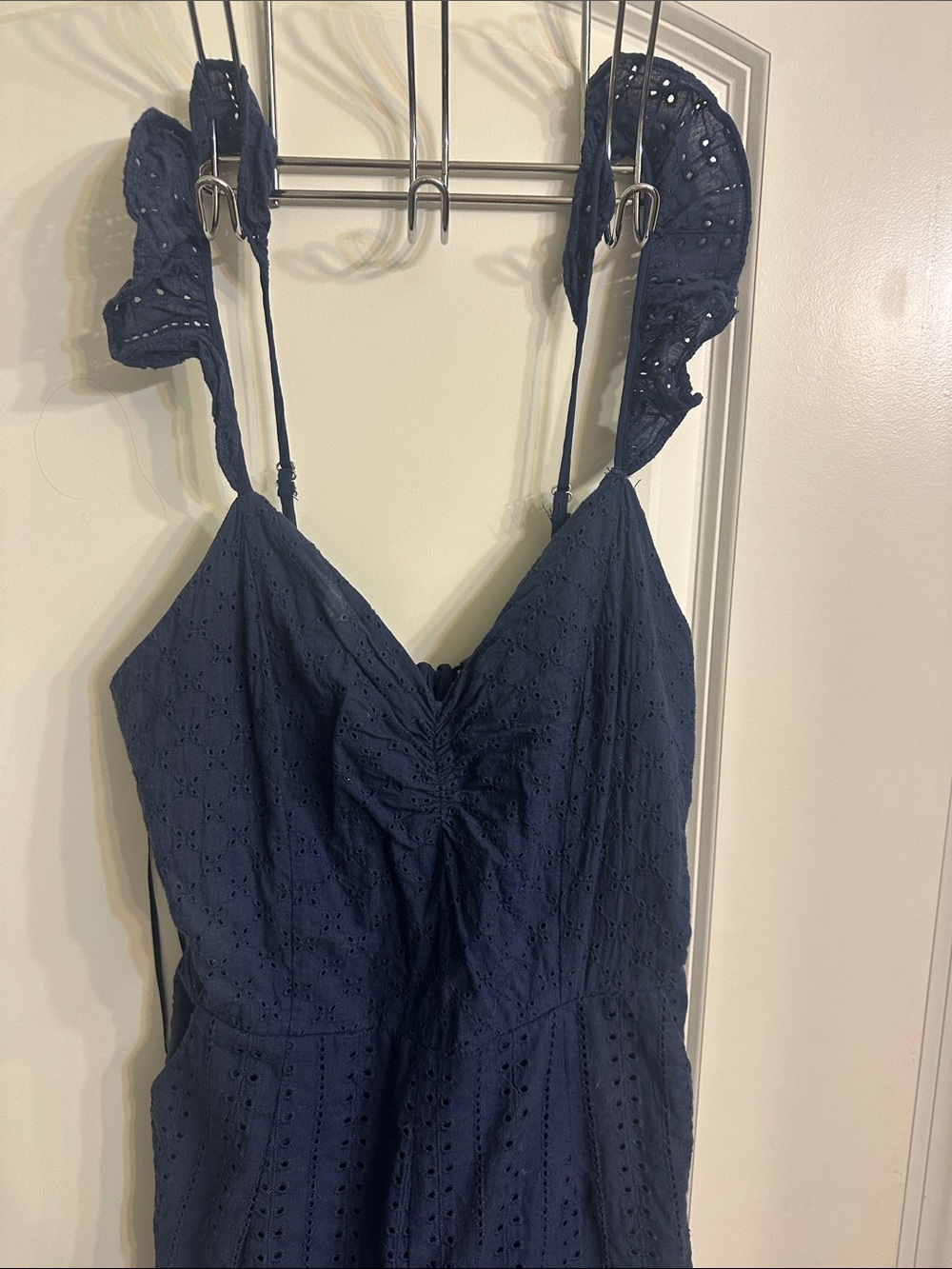 Promesa Navy Eyelet Jumpsuit with Ruffled Straps